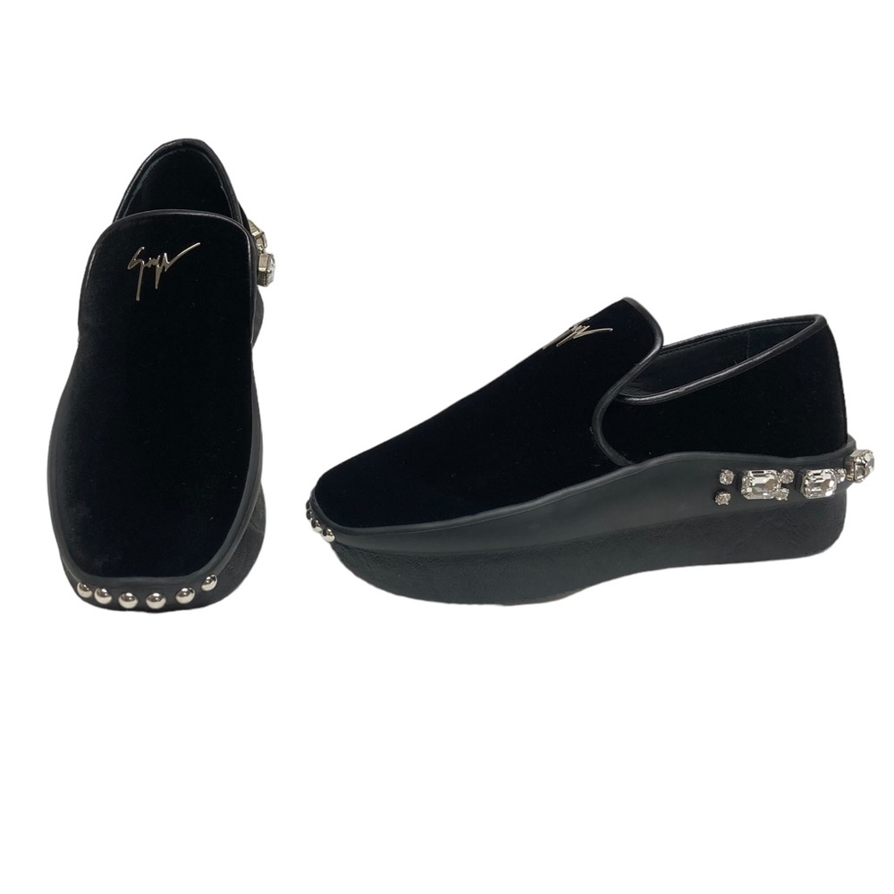 Giuseppe Zanotti Black Velvet Jewel Platform Slip On Crystal Detail Shoes 37 / 7